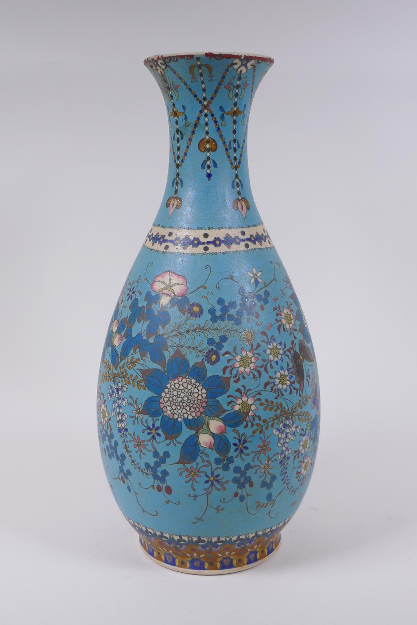 A Japanese Meiji period cloisonne on porcelain pear shaped vase with floral and butterfly - Image 4 of 8