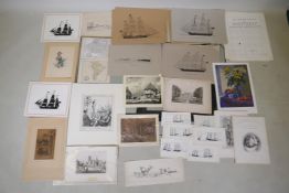 A quantity of engravings, etchings, lithoprints, ink sketches etc, including shipping, animals and