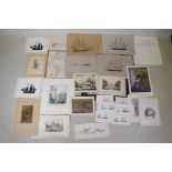 A quantity of engravings, etchings, lithoprints, ink sketches etc, including shipping, animals and