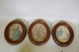 Three C19th fashion prints in oval mahogany frames, frames 33cm long