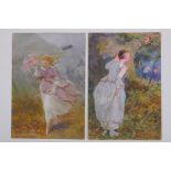 John Absolon, Figure in a rain shower, and figures in a woodland, pair of signed watercolours,
