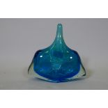 A blue glass fish or axe head vase, probably Mdina, after Michael Harris, unsigned, 18cm high