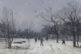 Charles Felix Edouard Deshayes, (French, 1831 - 1895), winter landscape with soldiers, 1878, oil