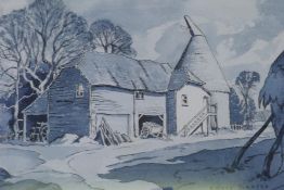 Emrys Davies, farmstead with oast house, pen and wash, signed, 27 x 19cm