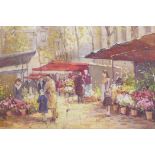Continental flower market, oil on canvas board, signed with a monogram, mid C20th, and Charles
