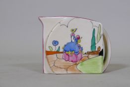 A Clarice Cliff Bizarre Stamford shape milk jug, Idyll pattern decoration, marked to base, 6.5cm