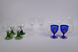 Four vintage green stemmed glass roemers, two Georgian style air twist wine glasses, tow silver