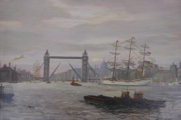 Shipping on the Thames near Tower Bridge, signed Lacy, oil, and shipping in a fiorde, gouache,