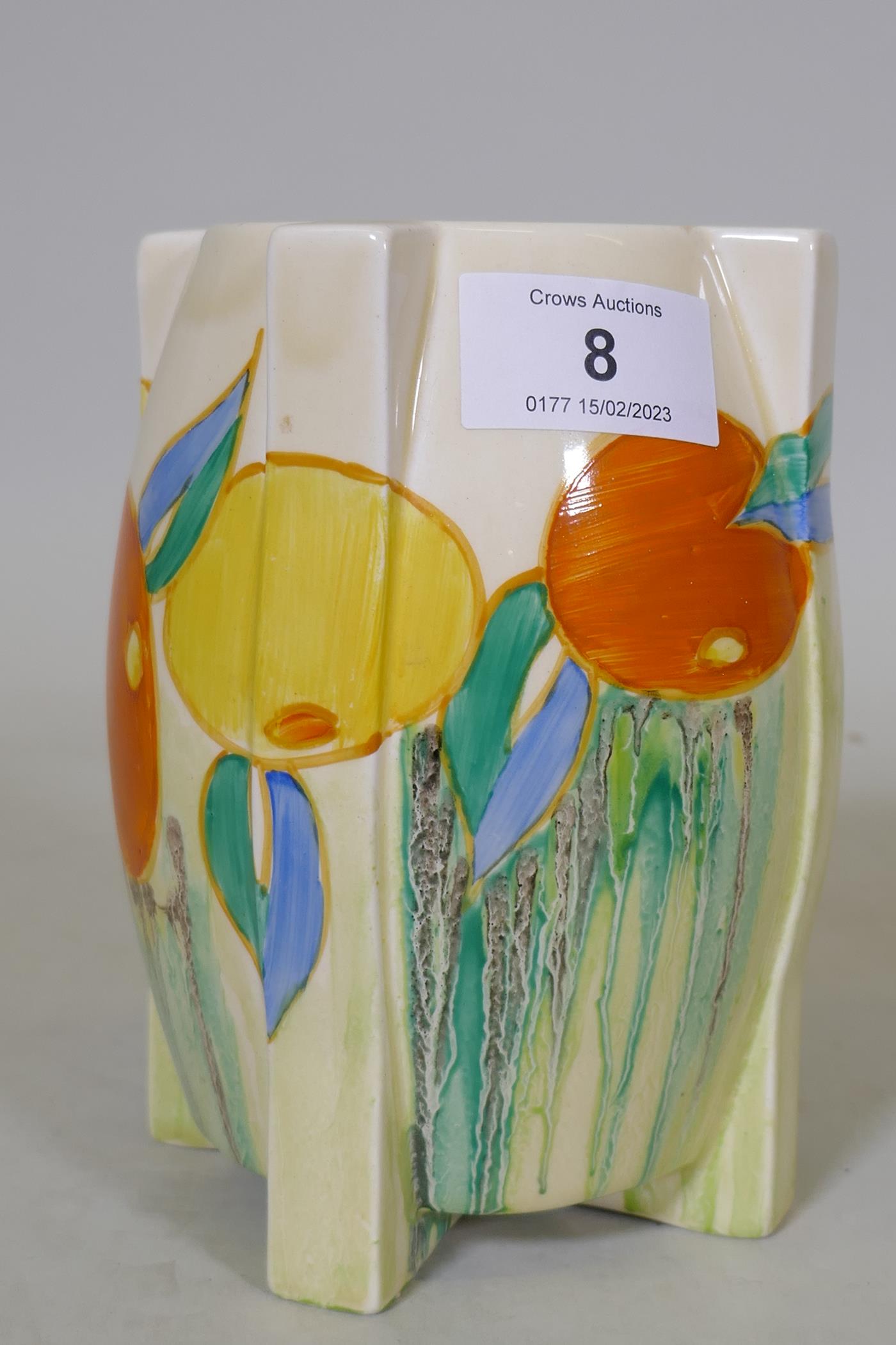 A Clarice Cliff Bizarre Delecia 460 Stamford shape vase with citrus decoration, c.1930s, marked to - Image 3 of 4