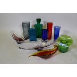 A collection of vintage studio glass in the manner of Whitefriars, including Dartington, pewter tree
