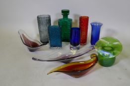 A collection of vintage studio glass in the manner of Whitefriars, including Dartington, pewter tree