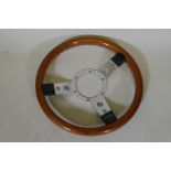 A Mountney chrome and wood car steering wheel, 34cm diameter