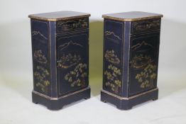 A pair of OKA bedside cabinets with single drawer over one cupboard, in black lacquer with gilt