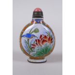 A Chinese enamel snuff bottle decorated with birds and flowers, 4 character mark to base, 5cm high