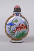 A Chinese enamel snuff bottle decorated with birds and flowers, 4 character mark to base, 5cm high