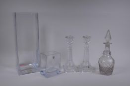 A contemporary handmade glass vase of square form and another smaller, together with a pair of