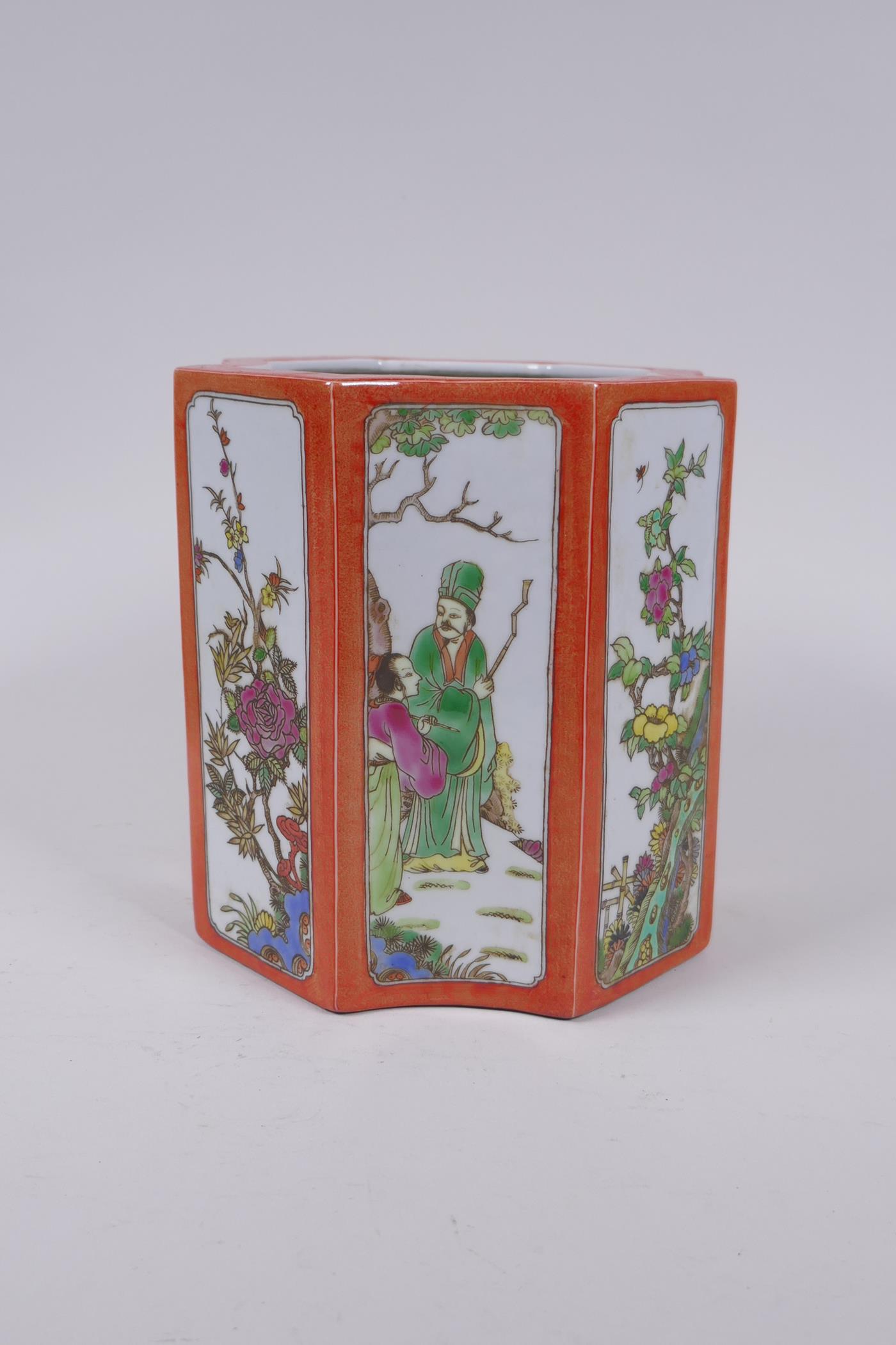 A Chinese shaped porcelain brush pot with famille vert decorative panels depicting figures and - Image 4 of 6