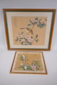 A Chinese watercolour on silk of an asiatic bird amongst branches in blossom, and another smaller,