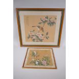 A Chinese watercolour on silk of an asiatic bird amongst branches in blossom, and another smaller,