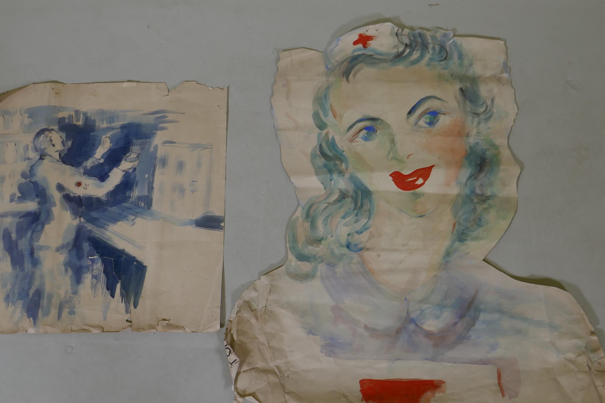 Portrait of a female nurse, c.1940, unsigned, watercolour, and another, study of a medic, 67 x 75cm - Image 3 of 3