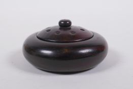 A Chinese carved and turned zitan wood censer and cover, 9cm diameter