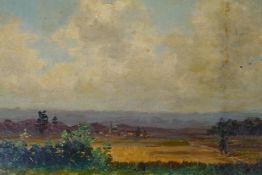 A C19th continental oil on canvas laid on board, rural landscape, signed indistinctly, 16 x 13cm