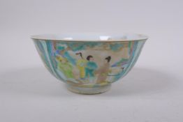 A famille verte porcelain rice bowl decorated with figures in temple compounds, Chinese YongZheng