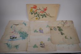 A quantity of unframed Chinese/Korean woodblocks and watercolours, botanical and bird studies,
