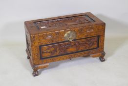 A small Chinese carved camphor wood coffer, raised on claw feet, 66 x 32 x 38cm