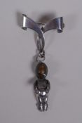 A Fumsup touch wud silver charm pendant brooch, Reg 636612, figure 3cm, 5.5cm overall