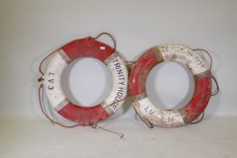 A pair of vintage Trinity House life buoys, 80cm diameter