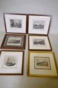 Six C19th hand coloured engravings, Bamborough Castle, Robin Hood's Bay, continental scenes and