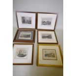 Six C19th hand coloured engravings, Bamborough Castle, Robin Hood's Bay, continental scenes and