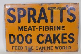 A vintage enamel metal sign, Spratt's Dog Cakes, maker Bruton, Palmers Green, N18, 76 x 51cm
