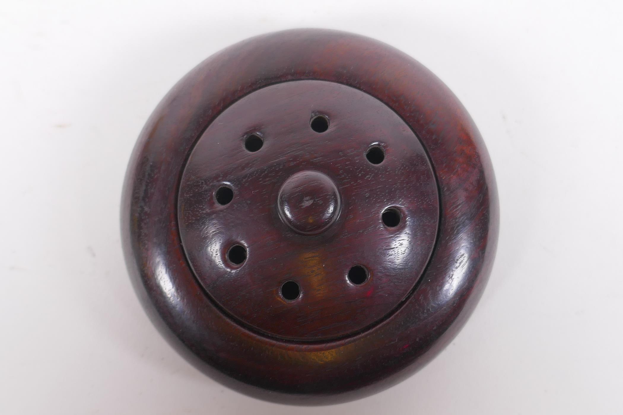 A Chinese carved and turned zitan wood censer and cover, 9cm diameter - Image 3 of 4