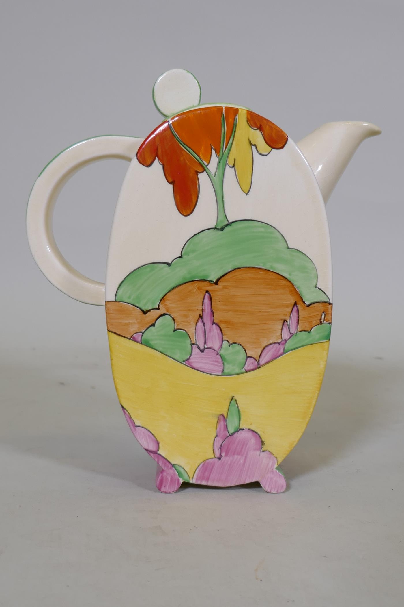 A Clarice Cliff Bizarre Fantasque Bonjour tea pot and cover, Honolulu pattern, stamped to - Image 3 of 4