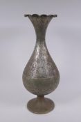 A c19th Kajar Damascened silver inlaid metal vase with figural decoration and a shaped rim, 46cm