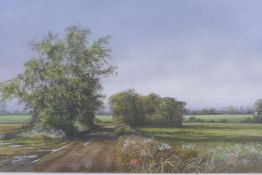 Peter Robinson, landscape with distant church, gouache on paper, signed, 39 x 27cm