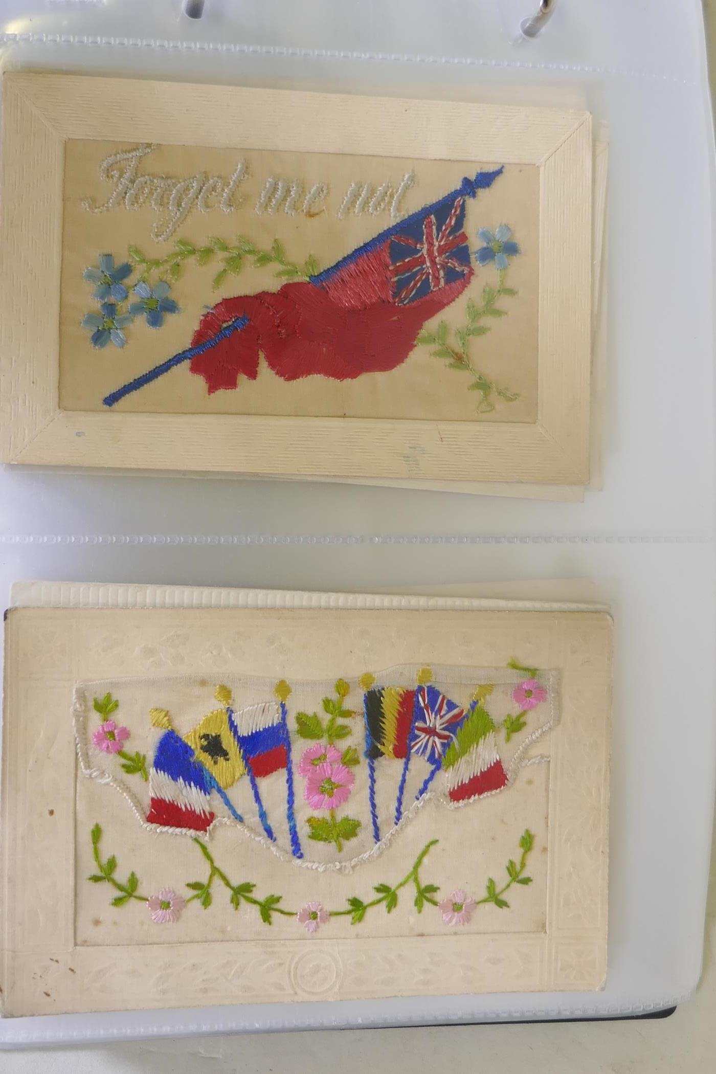 A collection of WWI silk postcards, greetings, good luck and souvenir, approx 80