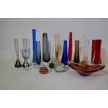 A collection of vintage studio glass vases in the style of Whitefriars, a goblet, bowl and two
