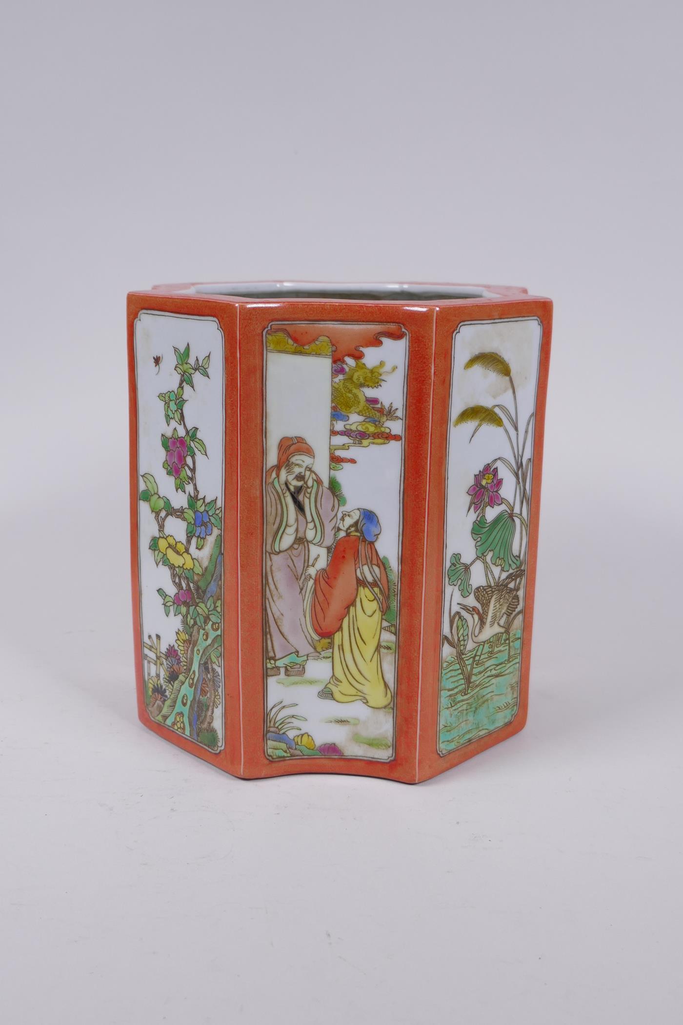 A Chinese shaped porcelain brush pot with famille vert decorative panels depicting figures and - Image 3 of 6
