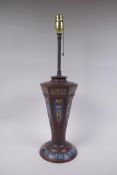 A Chinese bronze lamp with decorative cloisonne panels, 58cm high