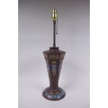 A Chinese bronze lamp with decorative cloisonne panels, 58cm high