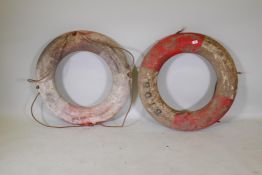 A pair of vintage life buoys, 80cm diameter
