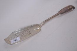 A Victorian silver fish slice with pierced blade and King Edward pattern decoration, London 1856,