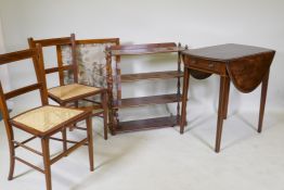 A C19th mahogany four tier open hanging shelf, with turned baluster shaped supports, 69 x 20 x 71cm,