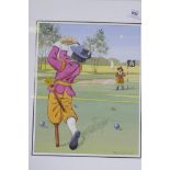 Hugo de Reede, humorous golfing scene, watercolour, signed, 25 x 32cm