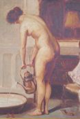 Woman at her toilet, oil on canvas board, continental, mid C20th, monogramed S.E., 23 x 29cm