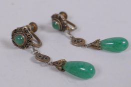 A pair of vintage silver gilt and jade set drop earrings, 6.6g gross