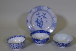 An C18th/C19th pearlware bowl with blue and white transfer decoration of harebells, repairs to foot,